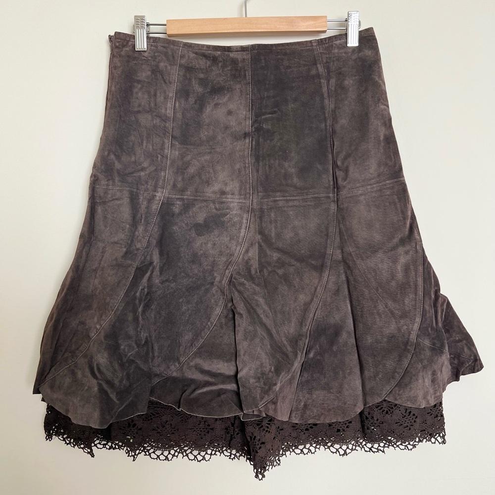 Odille Chocolate Brown Suede-Effect A-Line Skirt with Crochet Trim